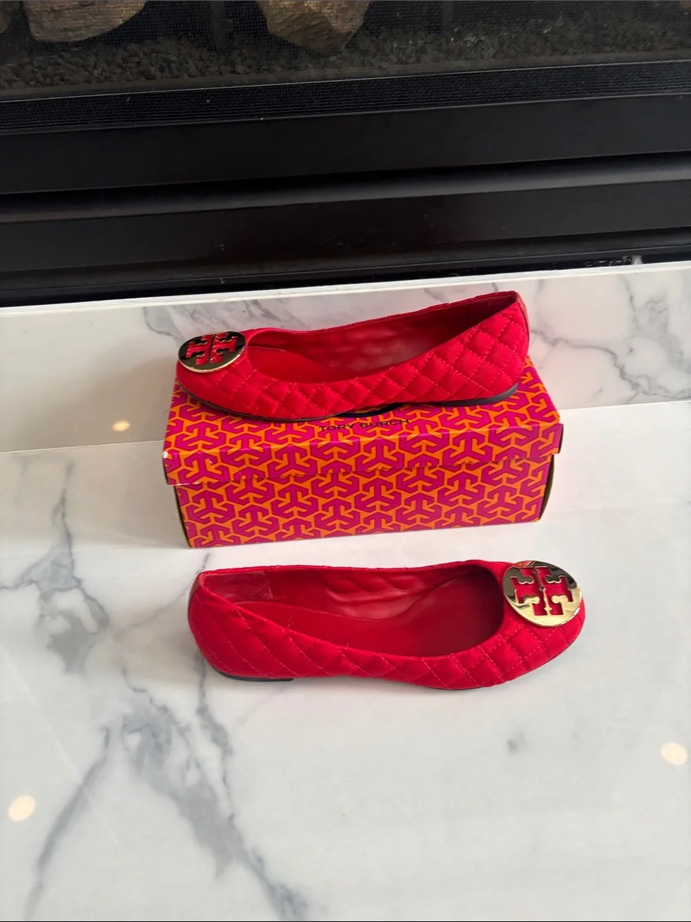 Tory Burch Bright Red Quilted Logo Flats with Gold Emblem